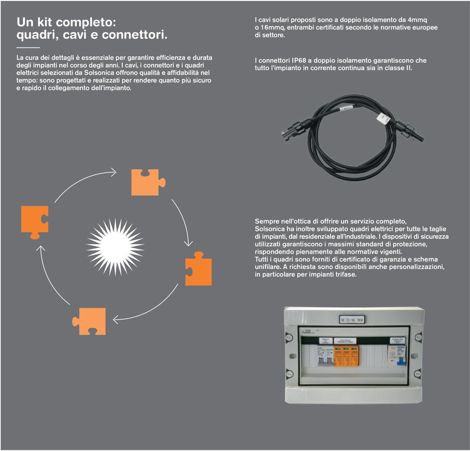 I cavi, i connettori e i quadri elettrici selezionati da Solsonica offrono qualità e affidabilità nel tempo: sono progettati e realizzati per rendere quanto più sicuro e rapido il collegamento dell