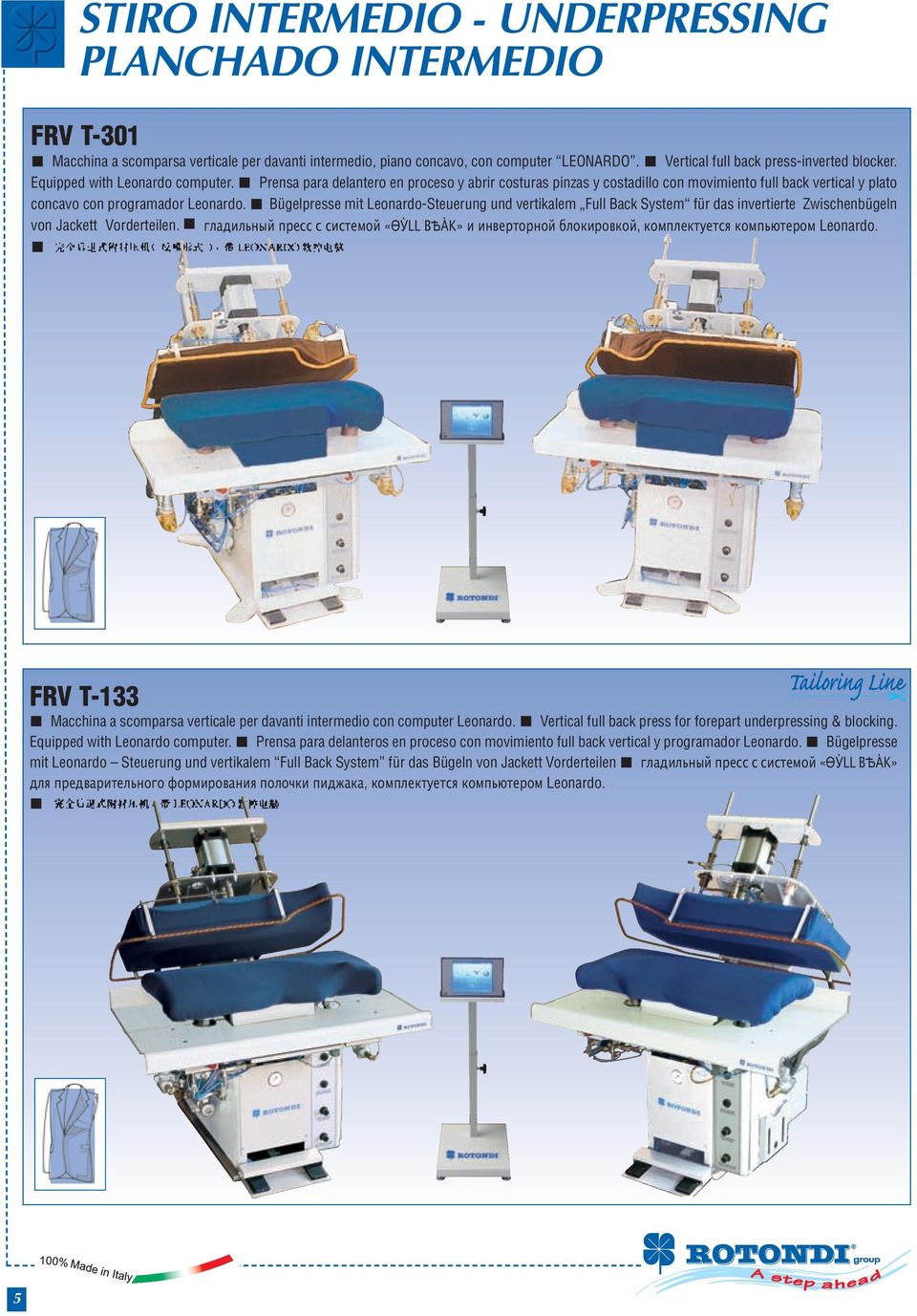 Bügelpresse mit Leonardo-Steuerung und vertikalem Full Back System für das invertierte Zwischenbügeln von Jackett Vorderteilen.