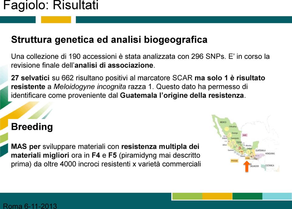 27 selvatici su 662 risultano positivi al marcatore SCAR ma solo 1 è risultato resistente a Meloidogyne incognita razza 1.