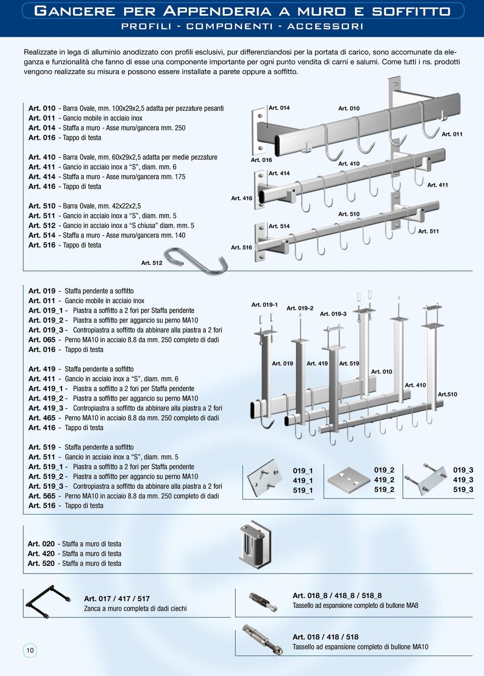 prodotti vengono realizzate su misura e possono essere installate a parete oppure a soffitto. Art. 010 - Barra Ovale, mm. 100x29x2,5 adatta per pezzature pesanti Art.