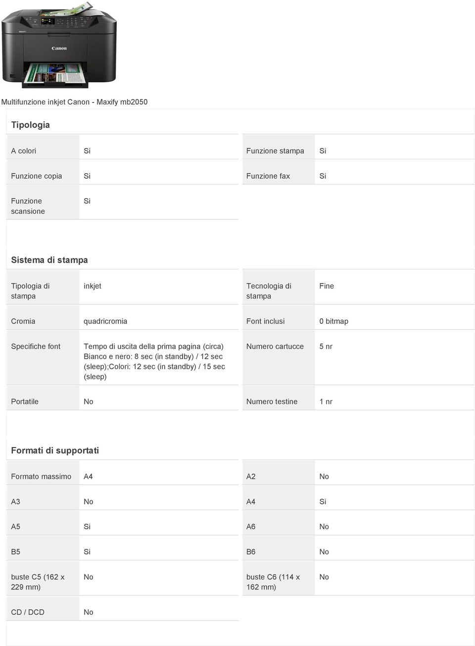 prima pagina (circa) Bianco e nero: 8 sec (in standby) / 12 sec (sleep);colori: 12 sec (in standby) / 15 sec (sleep) Numero cartucce 5 nr
