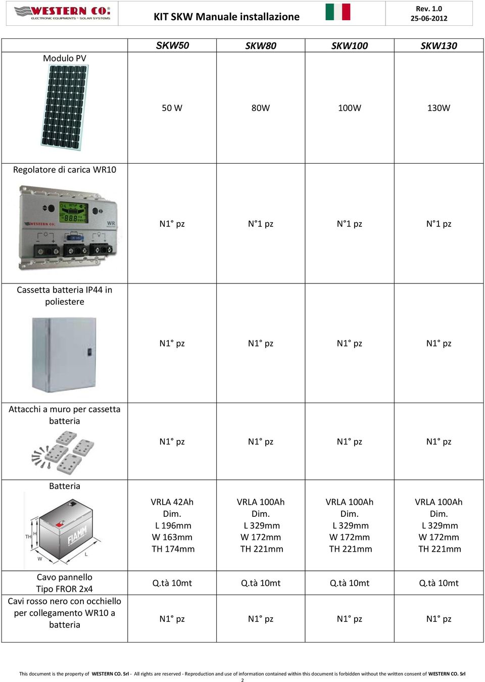 FROR 2x4 Cavi rosso nero con occhiello per collegamento WR10 a batteria Q.tà 10mt Q.tà 10mt Q.tà 10mt Q.tà 10mt N1 pz N1 pz N1 pz N1 pz This document is the property of WESTERN CO.