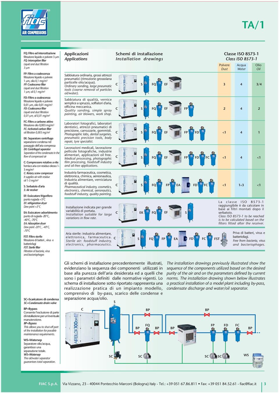 filtration 0,01 µm, oil 0,01 mg/m 3 F: Filtro a carbone attivo filtrazione olio 0,003 mg/m 3 F: Activated carbon filter oil filtration 0,003 mg/m 3 EK: Separatore centrifugo separazione condensa nel