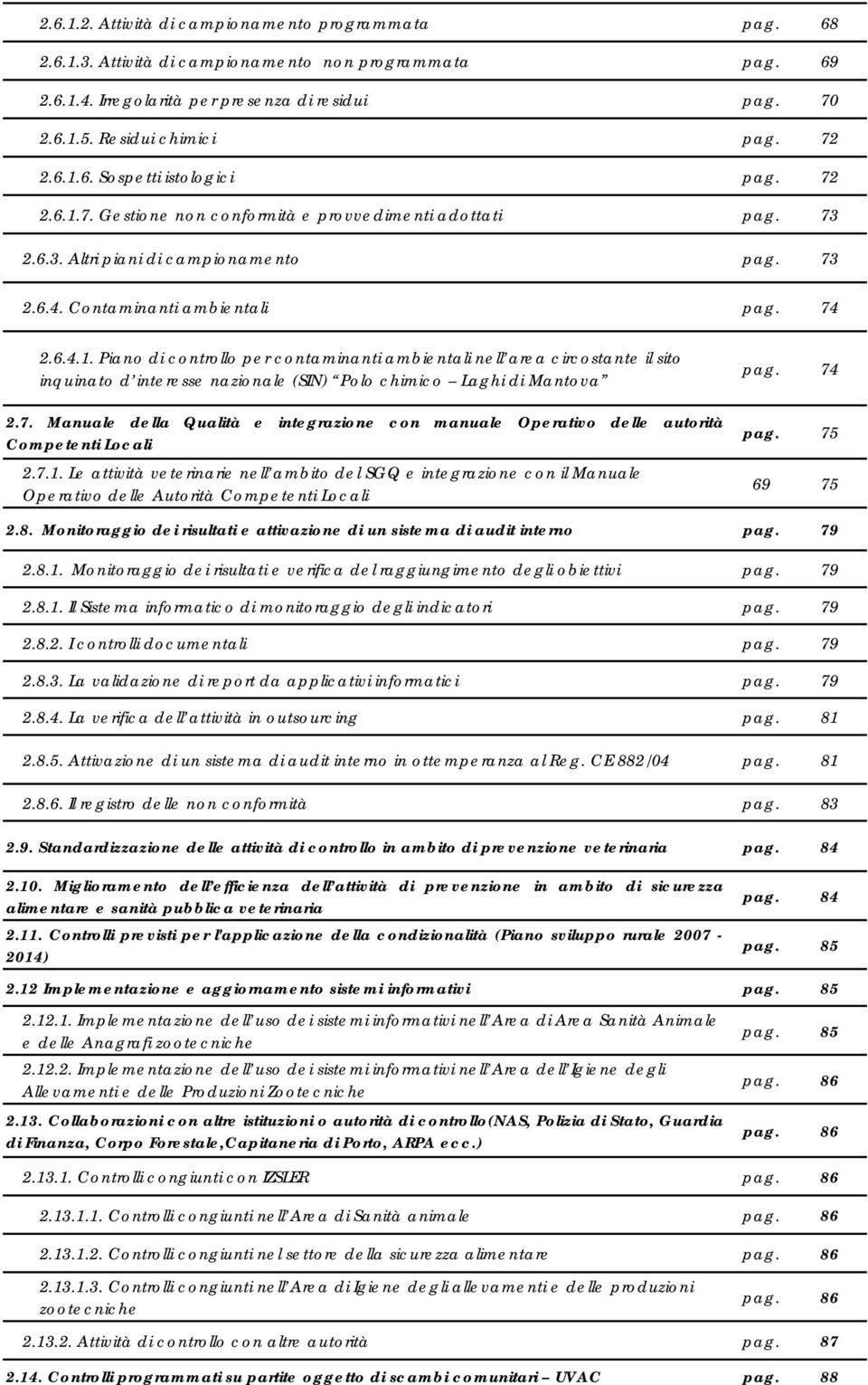 Contaminanti ambientali pag. 74 2.6.4.. Piano di controllo per contaminanti ambientali nell area circostante il sito inquinato d interesse nazionale (SIN) Polo chimico Laghi di Mantova 2.7. Manuale della Qualità e integrazione con manuale Operativo delle autorità Competenti Locali 2.