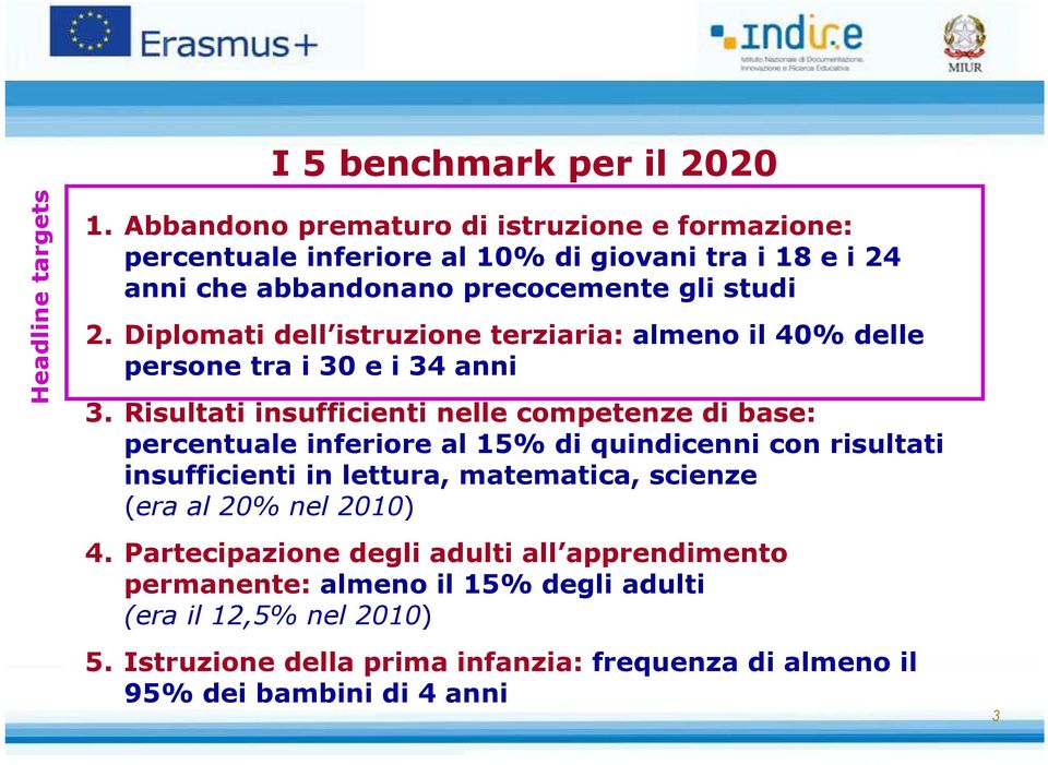 Diplomati dell istruzione terziaria: almeno il 40% delle persone tra i 30 e i 34 anni 3.