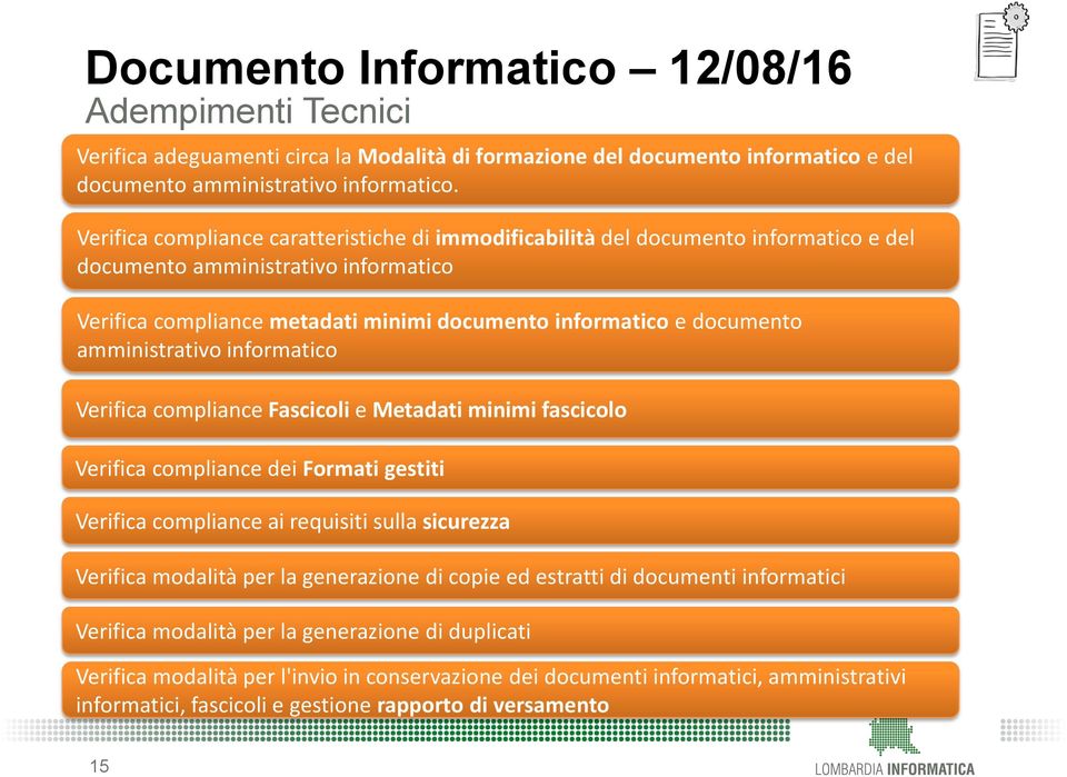 amministrativo informatico Verifica compliance Fascicoli e Metadati minimi fascicolo Verifica compliance dei Formati gestiti Verifica compliance ai requisiti sulla sicurezza Verifica modalità per la