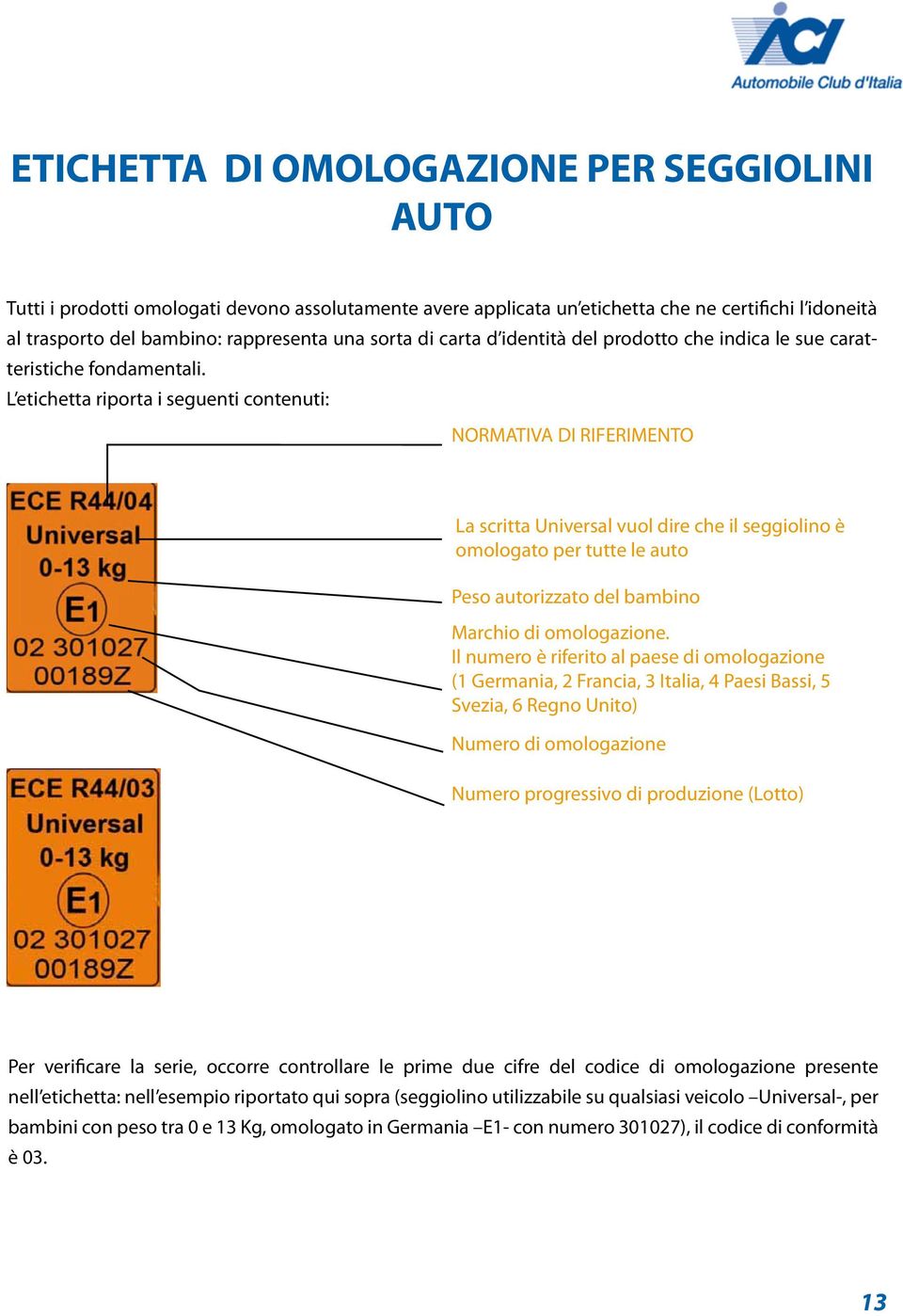 L etichetta riporta i seguenti contenuti: La scritta Universal vuol dire che il seggiolino è omologato per tutte le auto Peso autorizzato del bambino Il numero è riferito al paese di