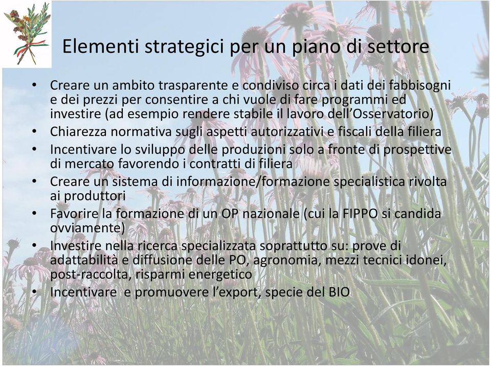 favorendo i contratti di filiera Creare un sistema di informazione/formazione specialistica rivolta ai produttori Favorire la formazione di un OP nazionale (cui la FIPPO si candida ovviamente)