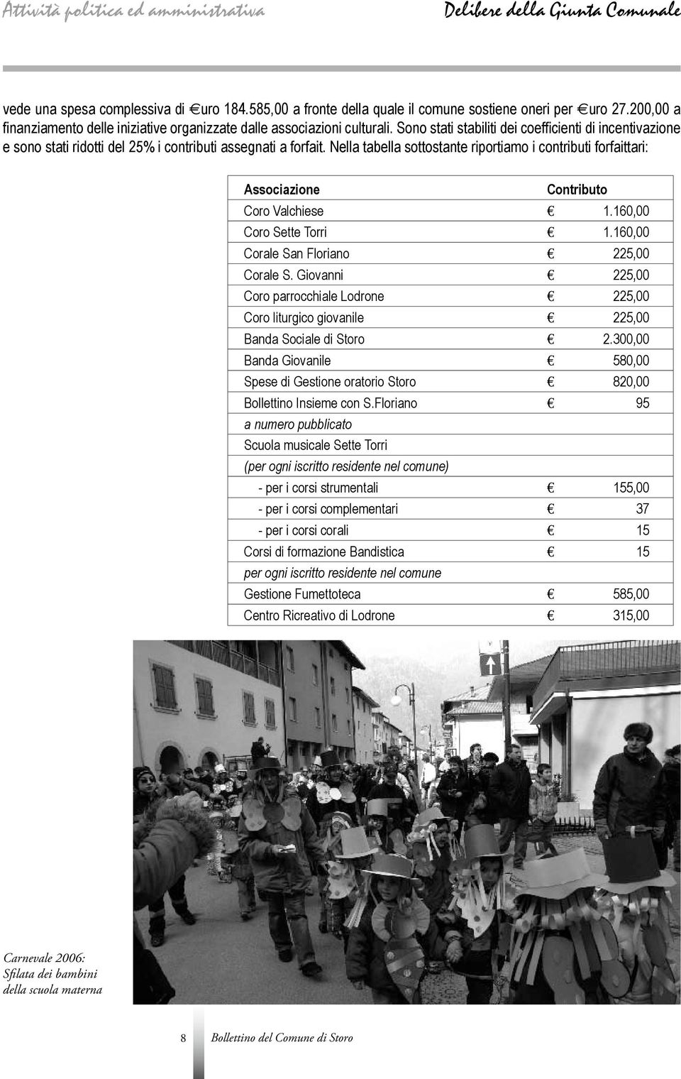 Nella tabella sottostante riportiamo i contributi forfaittari: Associazione Contributo Coro Valchiese 1.160,00 Coro Sette Torri 1.160,00 Corale San Floriano 225,00 Corale S.