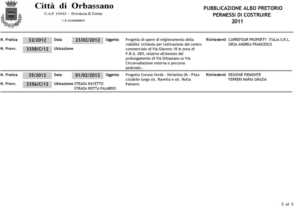 aveno 18 in zona di P.R.G. DE9, relative all'innesto del prolungamento di Via Orbassano su Via Circonvallazione esterna e percorso pedonale.. N.