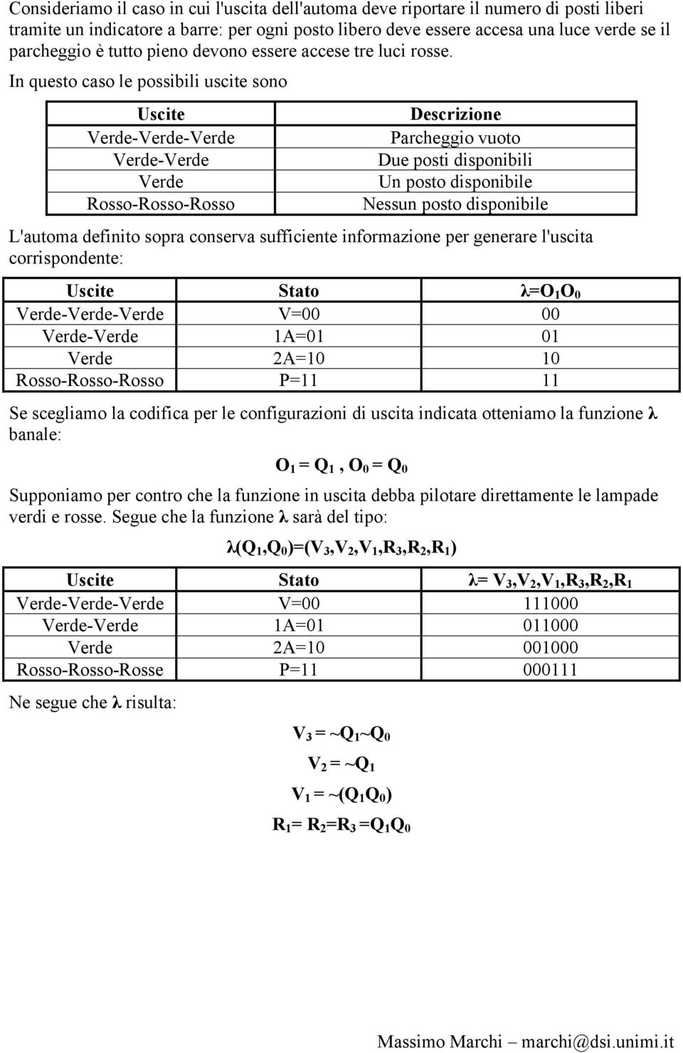 In questo caso le possibili uscite sono Uscite Verde-Verde-Verde Verde-Verde Verde Rosso-Rosso-Rosso Parcheggio vuoto Due posti disponibili Un posto disponibile Nessun posto disponibile L'automa