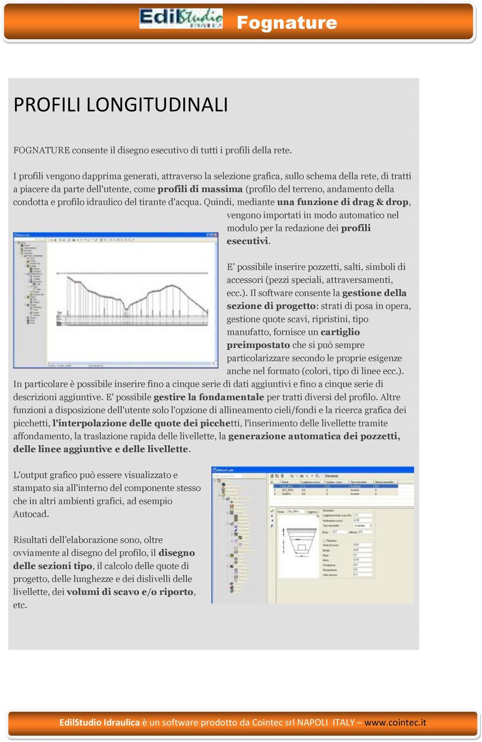 condotta e profilo idraulico del tirante d'acqua. Quindi, mediante una funzione di drag & drop, vengono importati in modo automatico nel modulo per la redazione dei profili esecutivi.