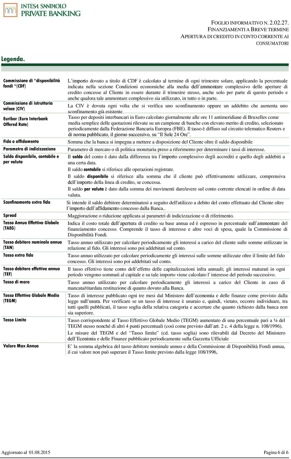 per valuta Sconfinamento extra fido Spread Tasso Annuo Effettivo Globale (TAEG) Tasso debitore nominale annuo (TAN) Tasso extra fido Tasso debitore effettivo annuo (TEF) Tasso di mora Tasso Effettivo