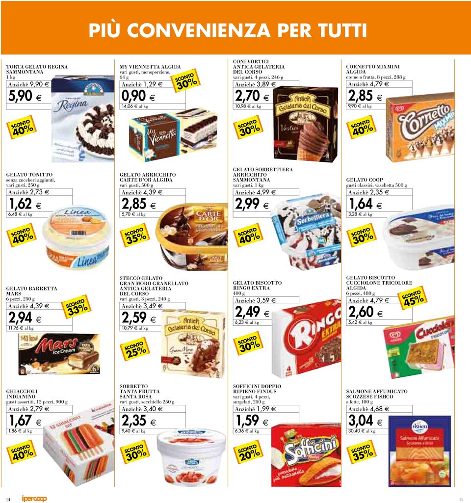 OR ALGIDA vari gusti, 500 g 4,39 GELATO SORBETTIERA ARRICCHITO SAMMONTANA vari gusti, 1 kg 4,99 GELATO COOP gusti classici, vaschetta 500 g 2,35 1,62 6,48 al kg 2,85 5,70 al kg 2,99 1,64 3,28 al kg