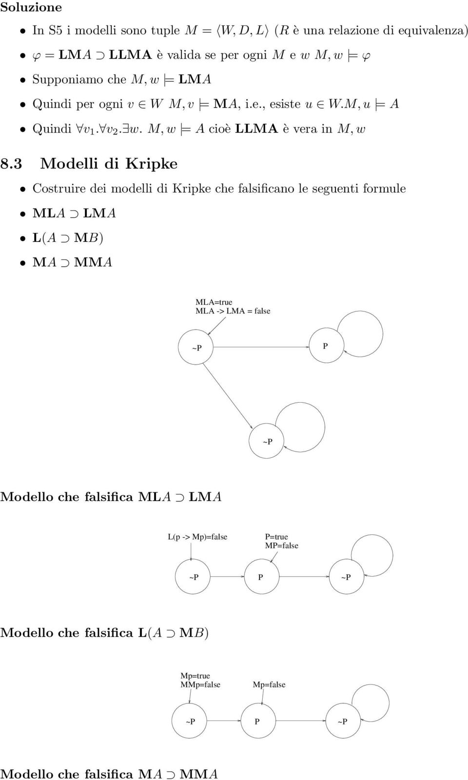 3 Modelli di Krike Costruire dei modelli di Krike che falsificano le seguenti formule MLA LMA L(A MB) MA MMA MLA=true MLA -> LMA = false ~P P