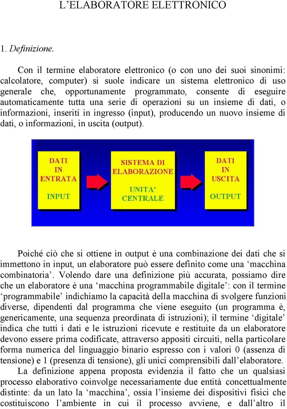 eseguire automaticamente tutta una serie di operazioni su un insieme di dati, o informazioni, inseriti in ingresso (input), producendo un nuovo insieme di dati, o informazioni, in uscita (output).