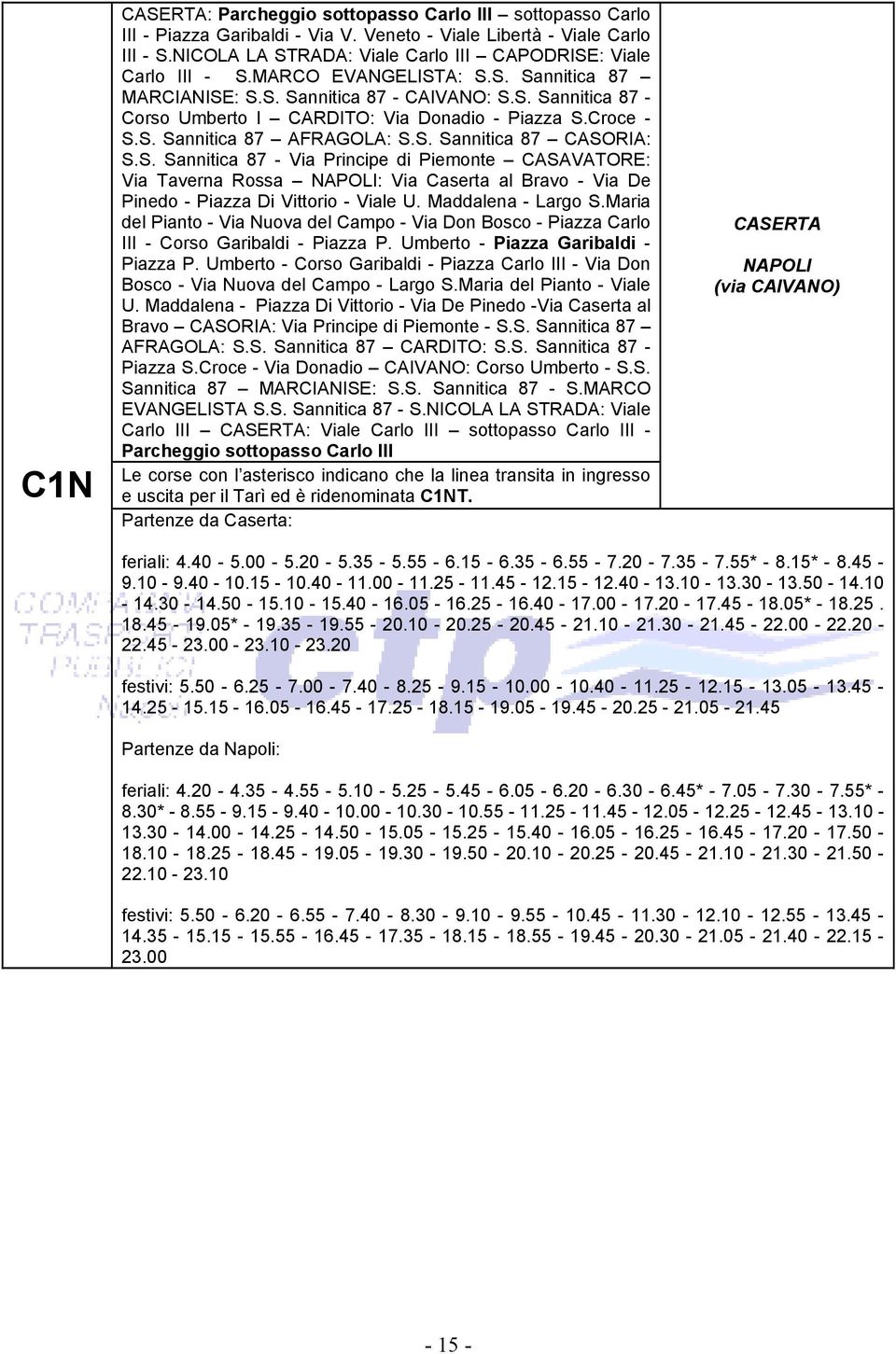 Croce - S.S. Sannitica 87 AFRAGOLA: S.S. Sannitica 87 CASORIA: S.S. Sannitica 87 - Via Principe di Piemonte CASAVATORE: Via Taverna Rossa NAPOLI: Via Caserta al Bravo - Via De Pinedo - Piazza Di Vittorio - Viale U.