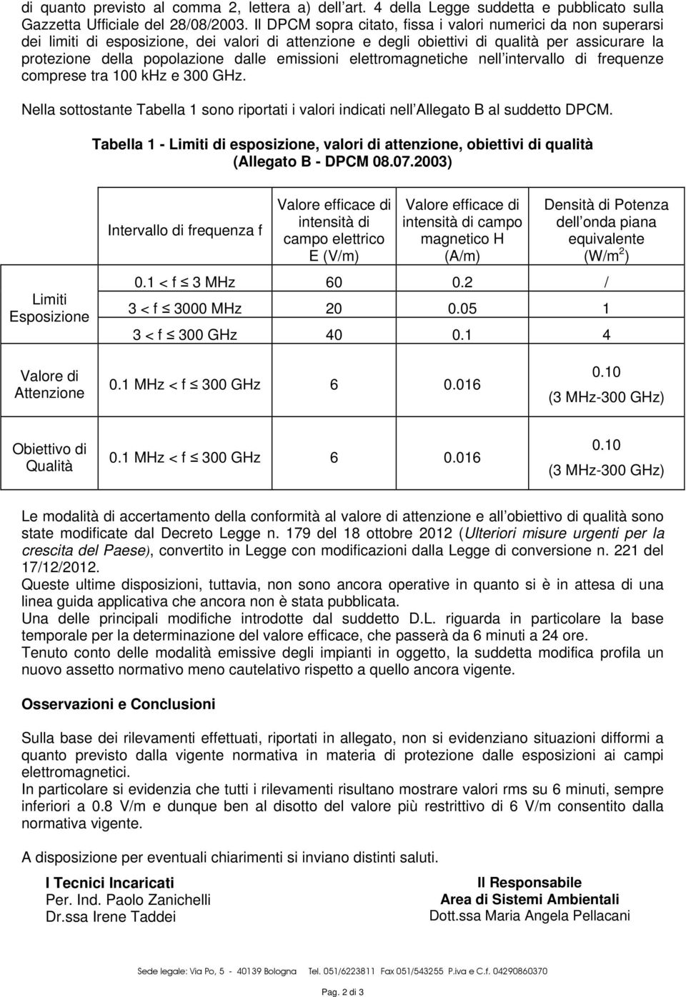 emissioni elettromagnetiche nell intervallo di frequenze comprese tra 100 khz e 300 GHz. Nella sottostante Tabella 1 sono riportati i valori indicati nell Allegato B al suddetto DPCM.