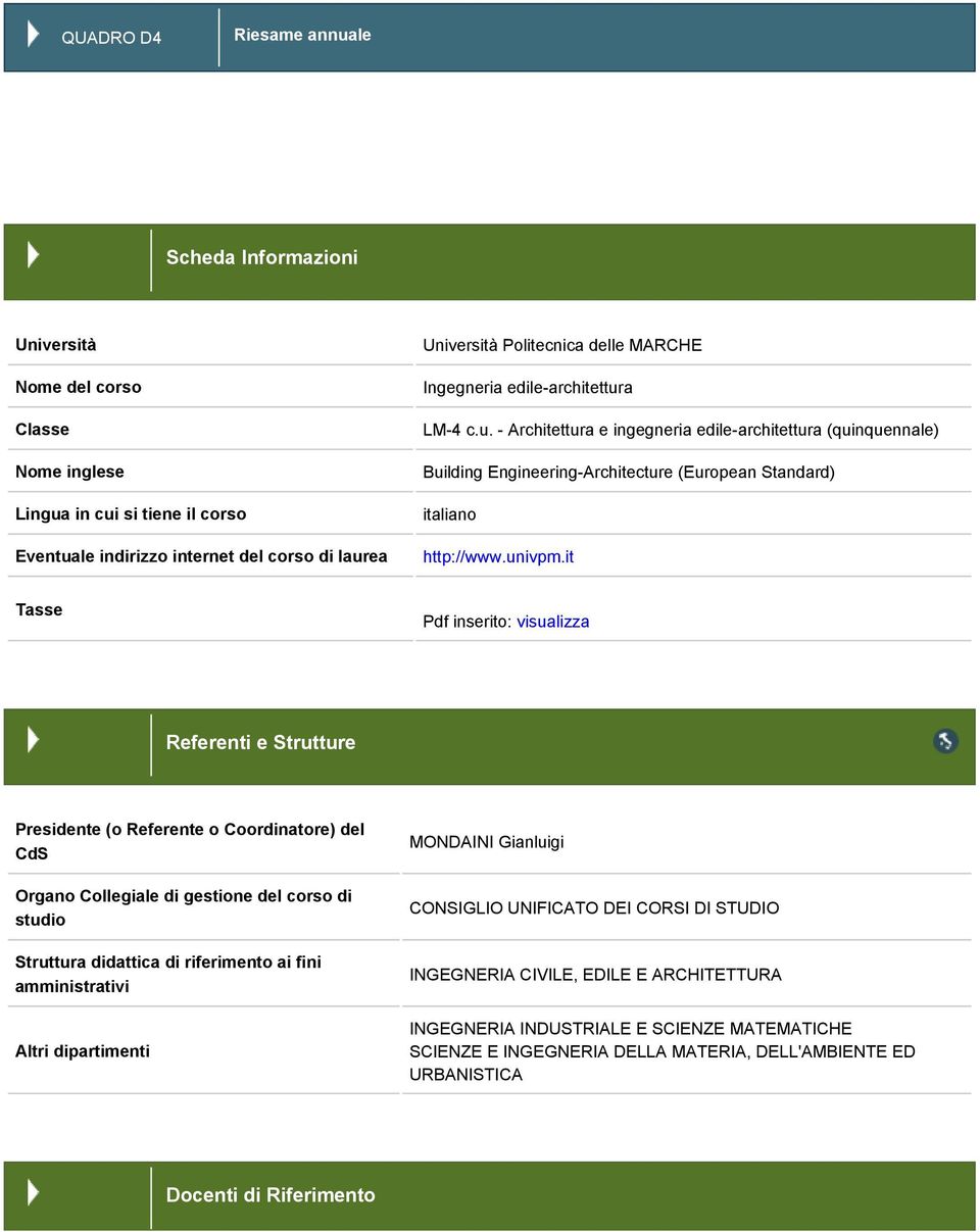 it Tasse Pdf inserito: visualizza Referenti e Strutture Presidente (o Referente o Coordinatore) del CdS Organo Collegiale di gestione del corso di studio Struttura didattica di riferimento ai fini