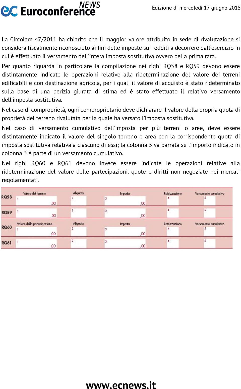 Per quanto riguarda in particolare la compilazione nei righi RQ58 e RQ59 devono essere distintamente indicate le operazioni relative alla rideterminazione del valore dei terreni edificabili e con