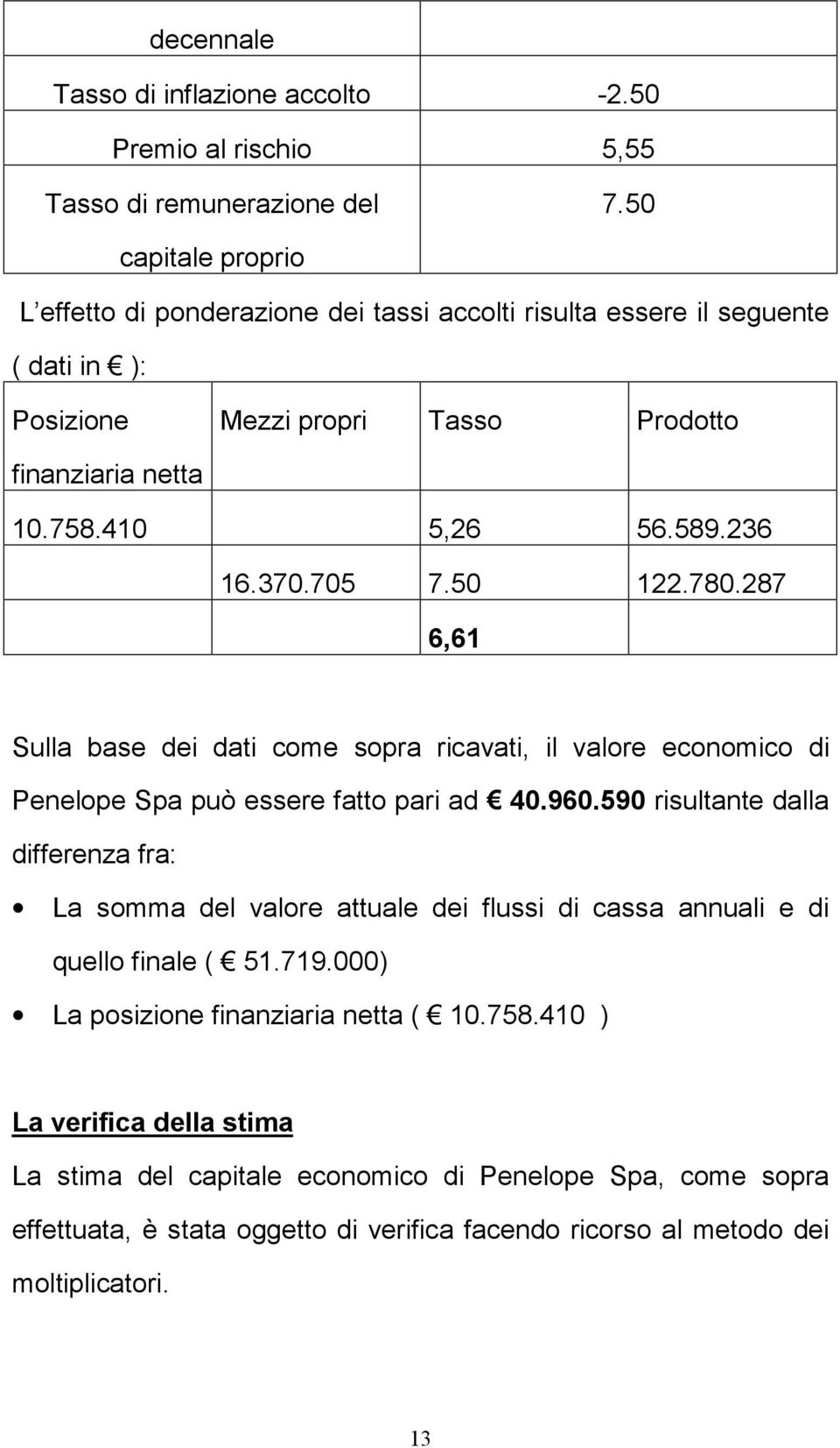 370.705 7.50 122.780.287 6,61 Sulla base dei dati come sopra ricavati, il valore economico di Penelope Spa può essere fatto pari ad 40.960.