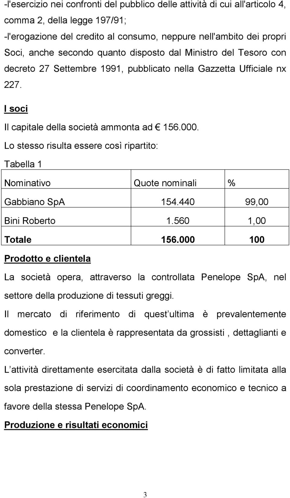 Lo stesso risulta essere così ripartito: Tabella 1 Nominativo Quote nominali % Gabbiano SpA 154.440 99,00 Bini Roberto 1.560 1,00 Totale 156.