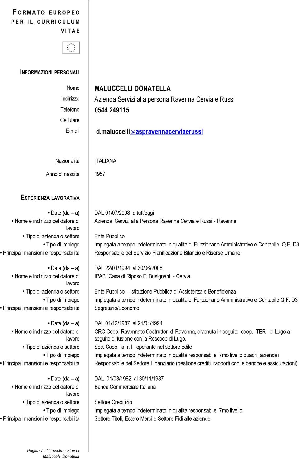 maluccelli@aspravennacerviaerussi Nazionalità ITALIANA Anno di nascita 1957 ESPERIENZA LAVORATIVA Nome e indirizzo del datore di Tipo di azienda o settore Tipo di impiego Principali mansioni e