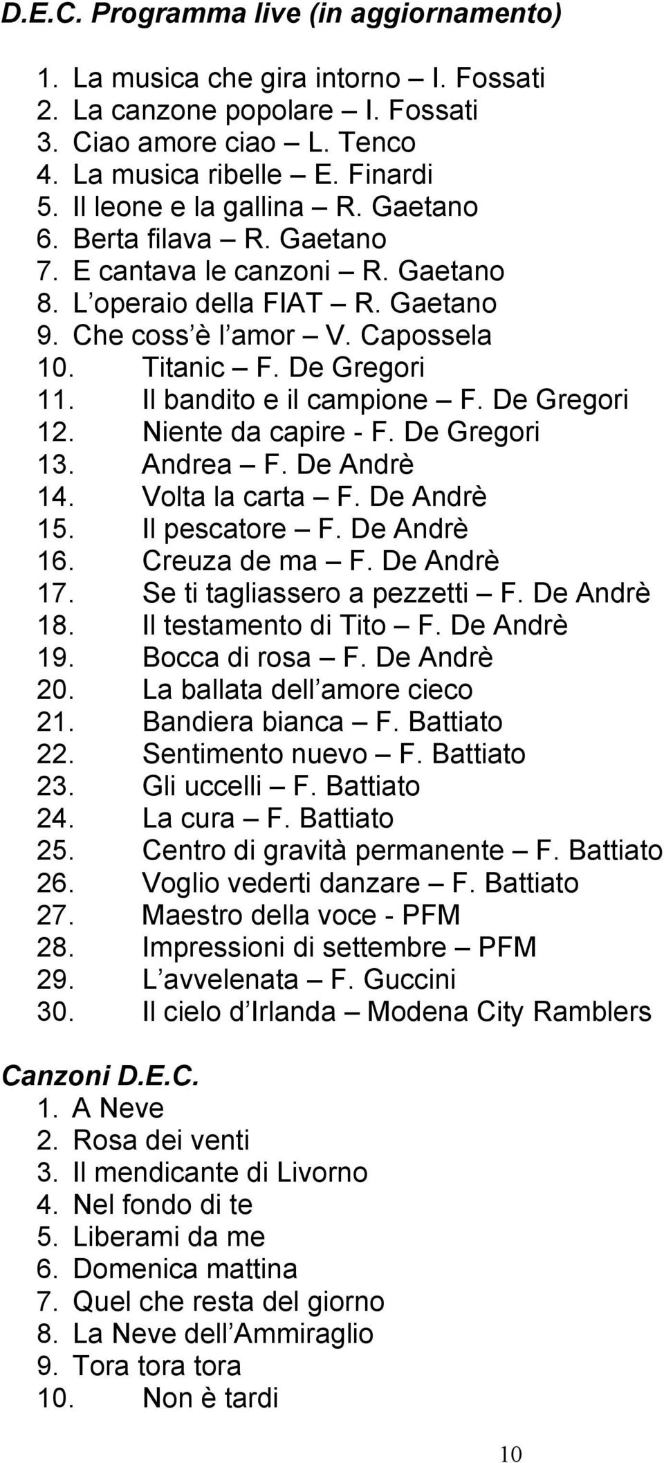 Il bandito e il campione F. De Gregori 12. Niente da capire - F. De Gregori 13. Andrea F. De Andrè 14. Volta la carta F. De Andrè 15. Il pescatore F. De Andrè 16. Creuza de ma F. De Andrè 17.