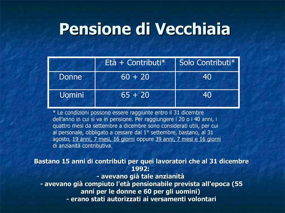 Per raggiungere i 20 o i 40 anni, i quattro mesi da settembre a dicembre sono considerati utili, per cui al personale, obbligato a cessare dal 1 settembre, bastano, al 31 agosto,