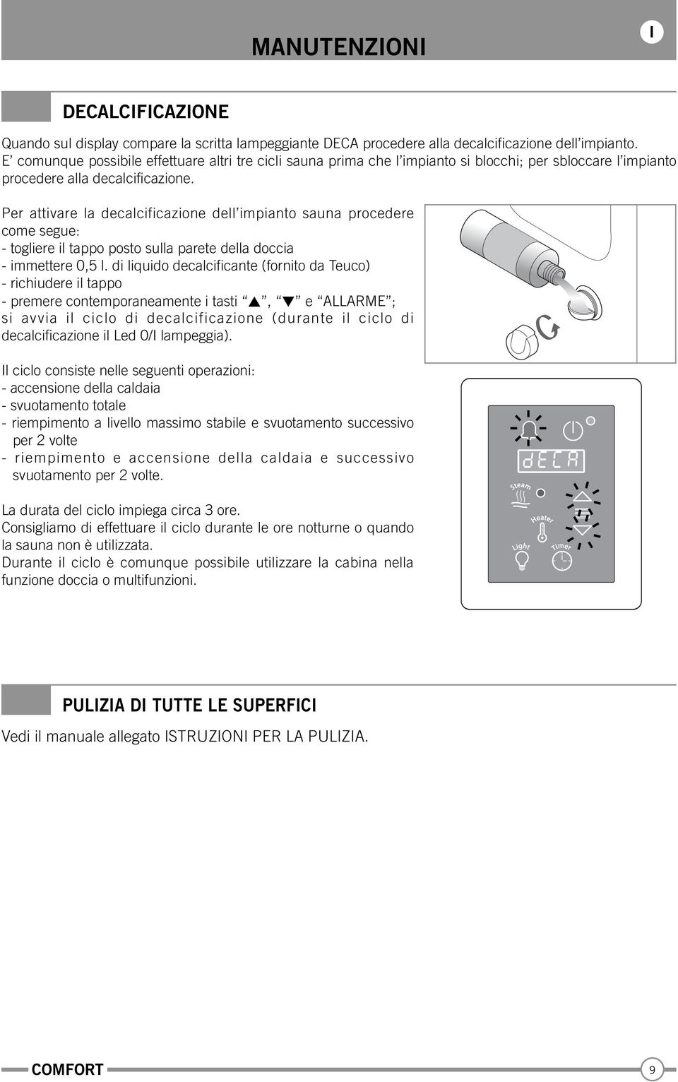 Per attivare la decalcificazione dell impianto sauna procedere come segue: - togliere il tappo posto sulla parete della doccia - immettere 0,5 l.