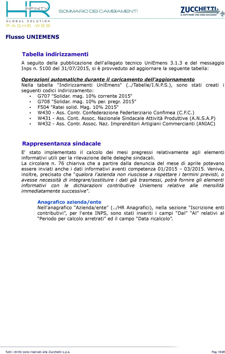 ), sono stati creati i seguenti codici indirizzamento: G707 "Solidar. mag. 10% corrente 2015" G708 "Solidar. mag. 10% per. pregr. 2015" F504 "Ratei solid. Mag. 10% 2015" W430 - Ass. Contr.