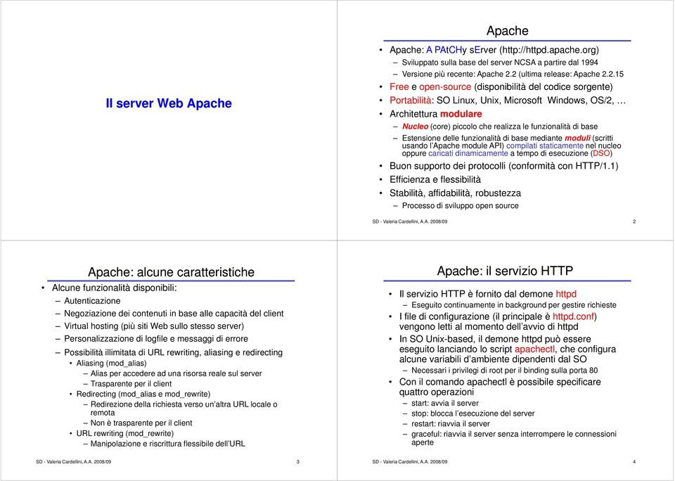 le funzionalità di base Estensione delle funzionalità di base mediante moduli (scritti usando l Apache module API) compilati staticamente nel nucleo oppure caricati dinamicamente a tempo di