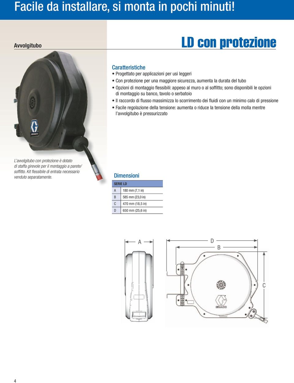 al muro o al soffitto; sono disponibili le opzioni di montaggio su banco, tavolo o serbatoio Il raccordo di flusso massimizza lo scorrimento dei fluidi con un minimo calo di pressione Facile