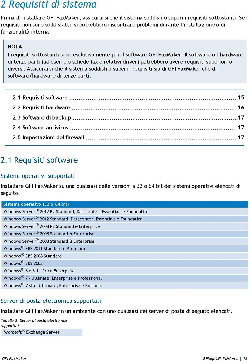 NOTA I requisiti sottostanti sono esclusivamente per il software GFI FaxMaker.