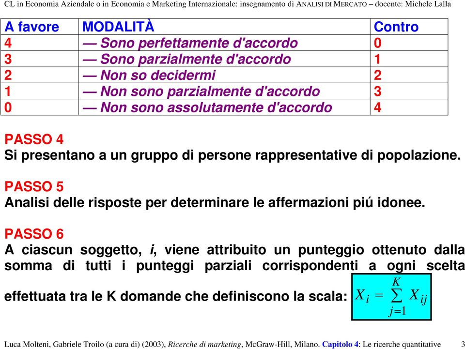 PASSO 6 A ciascun soggetto, i, viene attribuito un punteggio ottenuto dalla somma di tutti i punteggi parziali corrispondenti a ogni scelta effettuata tra le K