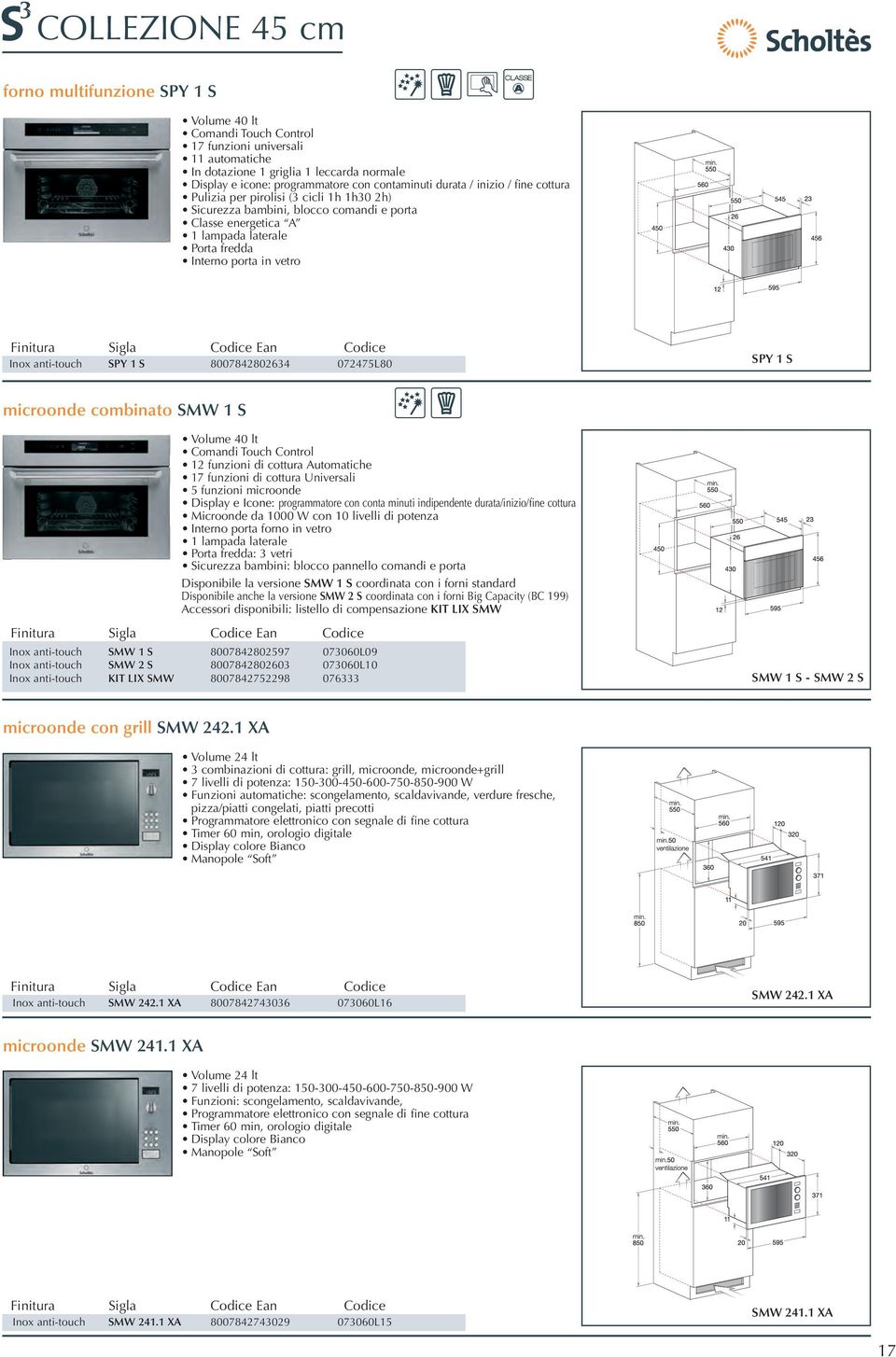 vetro Finitura Sigla Ean Inox anti-touch SPY 1 S 8007842802634 072475L80 SPY 1 S microonde combinato SMW 1 S Volume 40 lt Comandi Touch Control 12 funzioni di cottura Automatiche 17 funzioni di