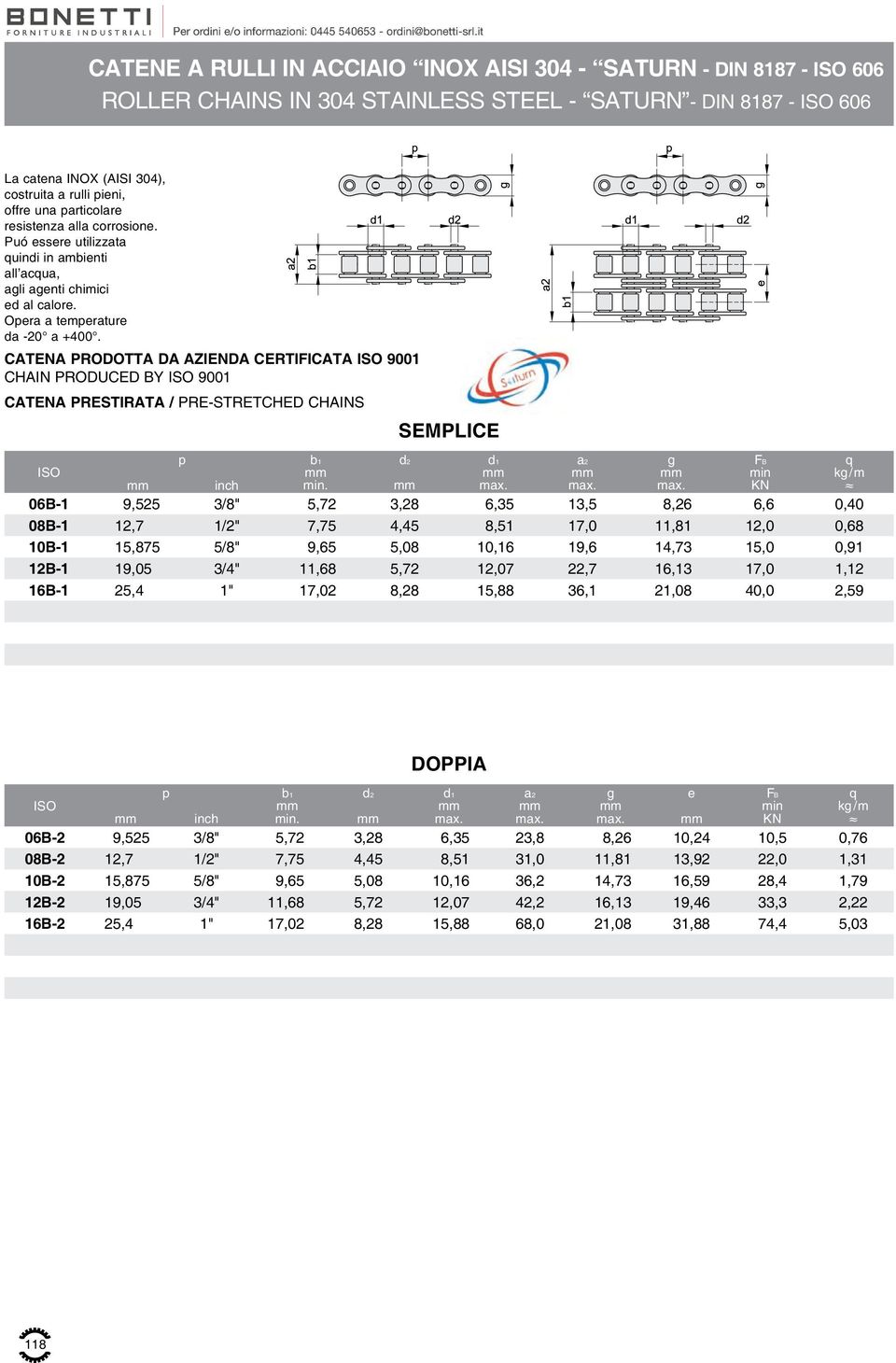 CATENA PRODOTTA DA AZIENDA CERTIFICATA 9001 CHAIN PRODUCED BY 9001 FB min k/m inch 06B-1 9,525 3/8" 5,72 3,28 6,35 13,5 8,26 6,6 0,40 08B-1 12,7 1/2" 7,75 4,45 8,51 17,0 11,81 12,0 0,68 10B-1 15,875