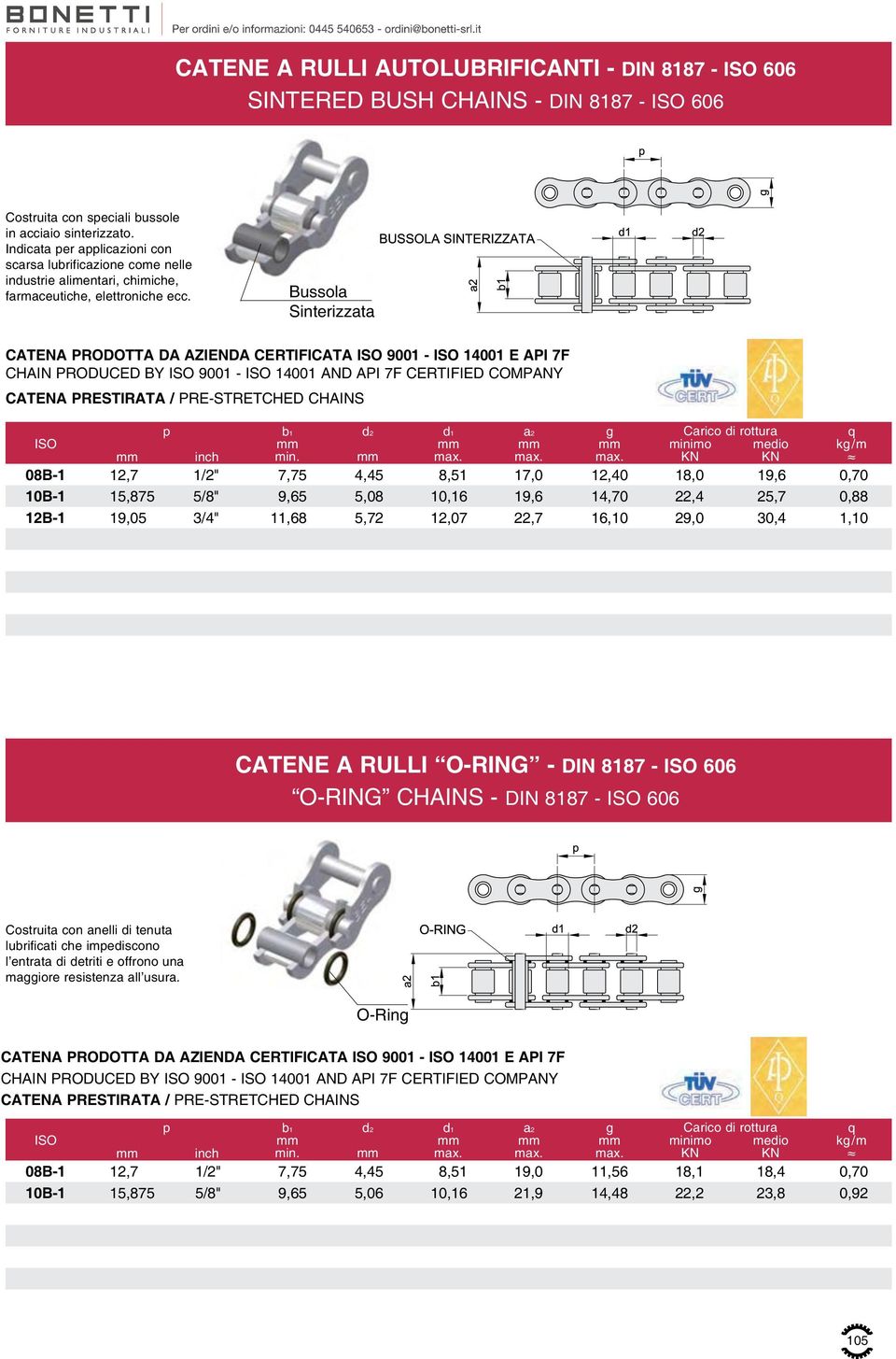 Bussola Sinterizzata CATENA PRODOTTA DA AZIENDA CERTIFICATA 9001-14001 E API 7F CHAIN PRODUCED BY 9001-14001 AND API 7F CERTIFIED COMPANY Carico di rottura minimo medio k/m inch 08B-1 12,7 1/2" 7,75