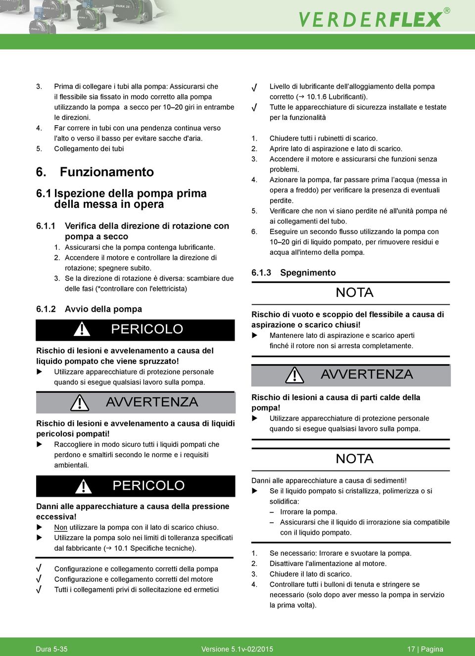 Ispezione della pompa prima della messa in opera 6.1.1 Verifica della direzione di rotazione con pompa a secco 1. Assicrarsi che la pompa contenga lbrificante. 2.