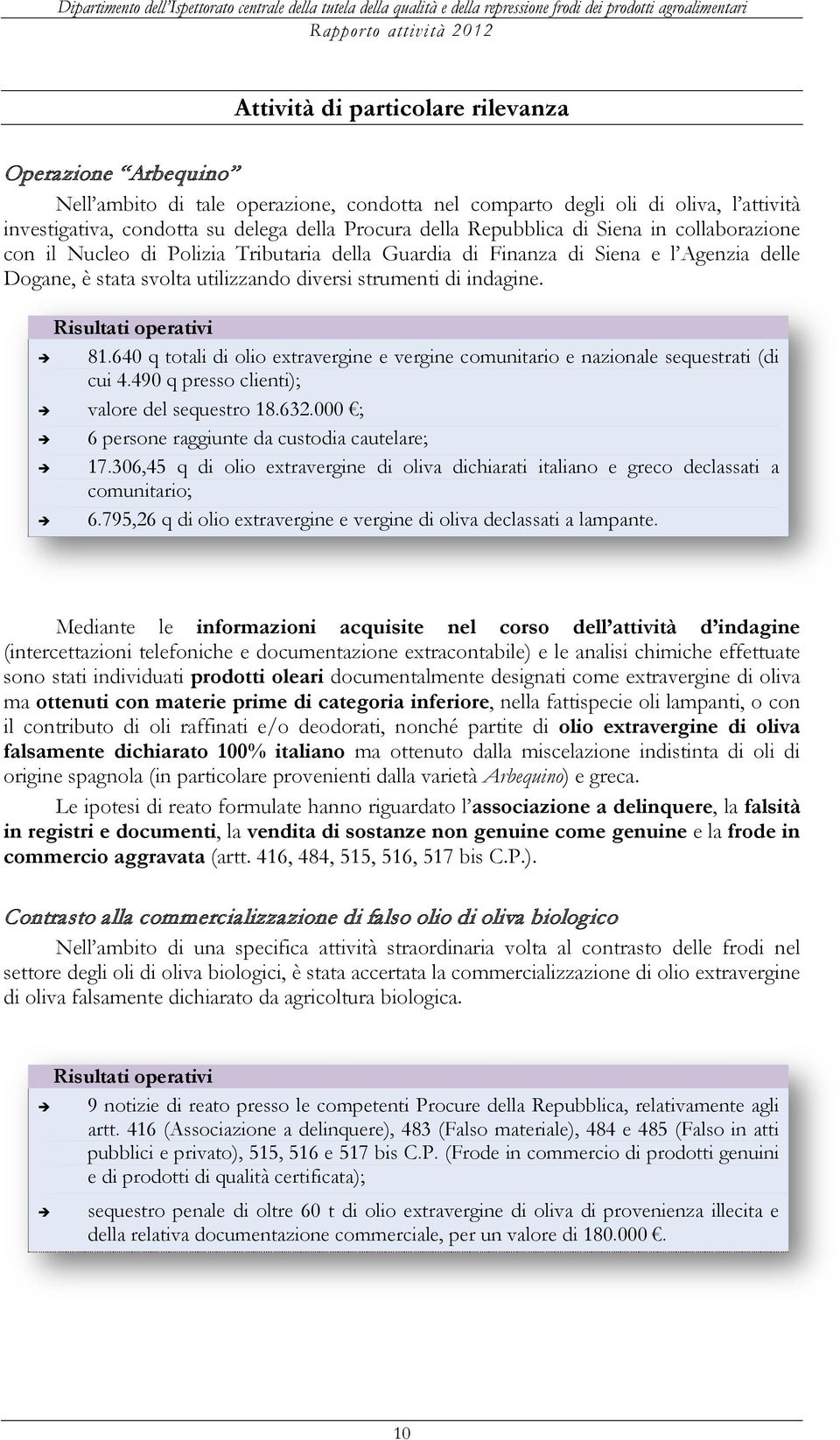 Risultati operativi 81.64 q totali di olio extravergine e vergine comunitario e nazionale sequestrati (di cui 4.49 q presso clienti); valore del sequestro 18.632.