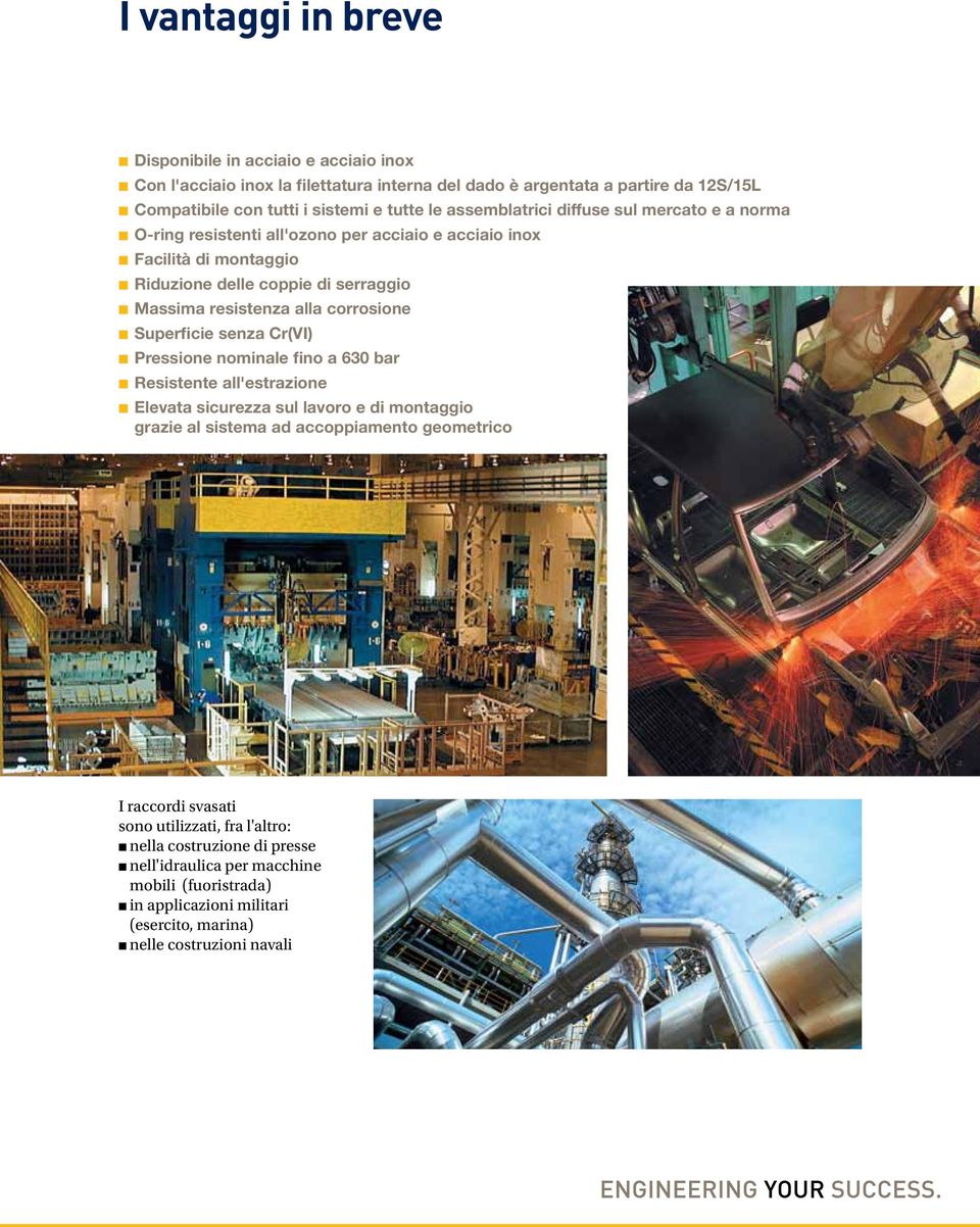 corrosione M Superficie senza Cr(VI) M Pressione nominale fino a 630 bar M Resistente all'estrazione M Elevata sicurezza sul lavoro e di montaggio grazie al sistema ad accoppiamento geometrico