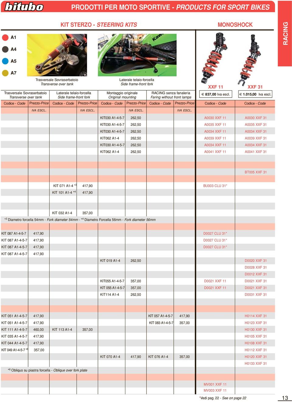 Codice - Code Prezzo-Price Codice - Code Laterale telaio-forcella Side frame-front fork Prezzo-Price XXF 11 837,00 Iva escl. Codice - Code XXF 31 1.015,00 Iva escl.