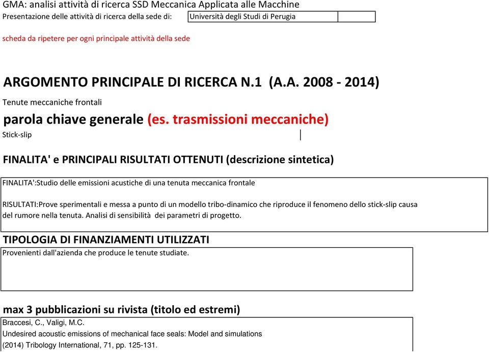 trasmissioni meccaniche) Stick-slip FINALITA' e PRINCIPALI RISULTATI OTTENUTI (descrizione sintetica) FINALITA':Studio delle emissioni acustiche di una tenuta meccanica frontale RISULTATI:Prove