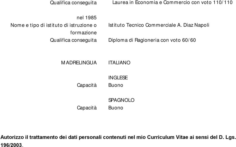 Diaz Napoli Qualifica conseguita Diploma di Ragioneria con voto 60/60 MADRELINGUA