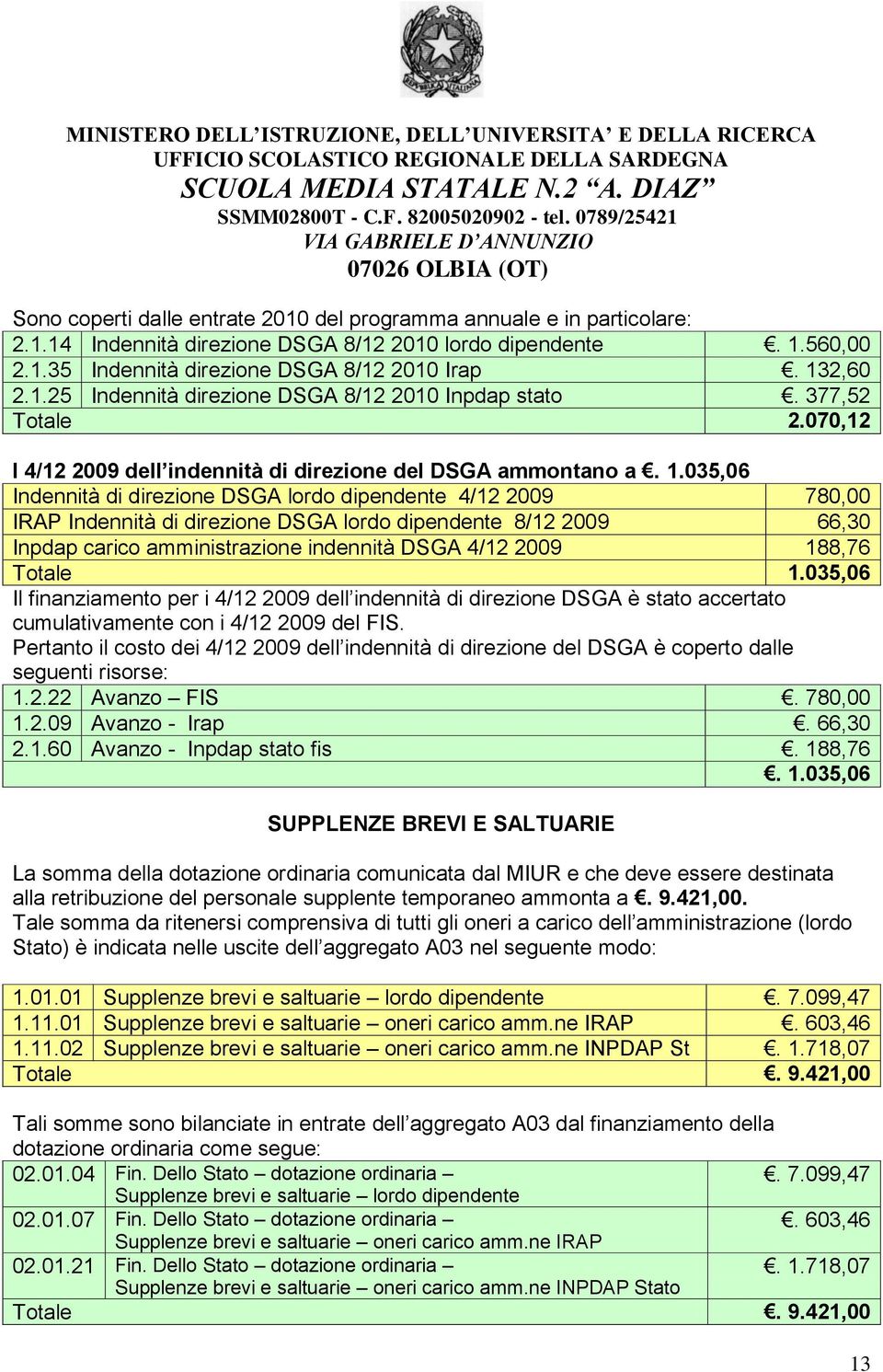 035,06 Indennità di direzione DSGA lordo dipendente 4/12 2009 780,00 IRAP Indennità di direzione DSGA lordo dipendente 8/12 2009 66,30 Inpdap carico amministrazione indennità DSGA 4/12 2009 188,76