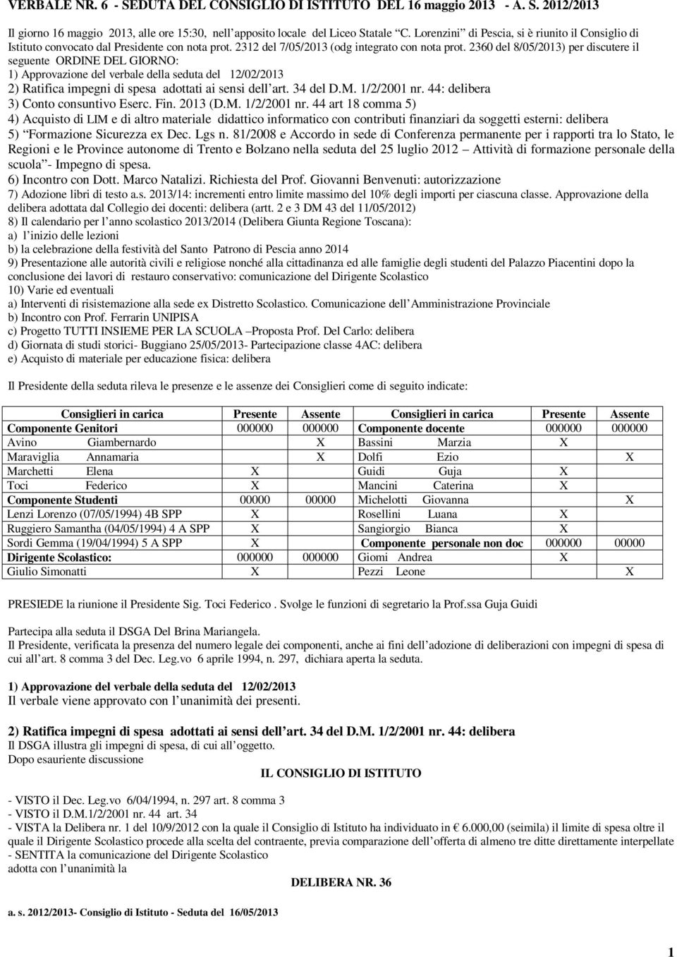 2360 del 8/05/2013) per discutere il seguente ORDINE DEL GIORNO: 1) Approvazione del verbale della seduta del 12/02/2013 2) Ratifica impegni di spesa adottati ai sensi dell art. 34 del D.M.