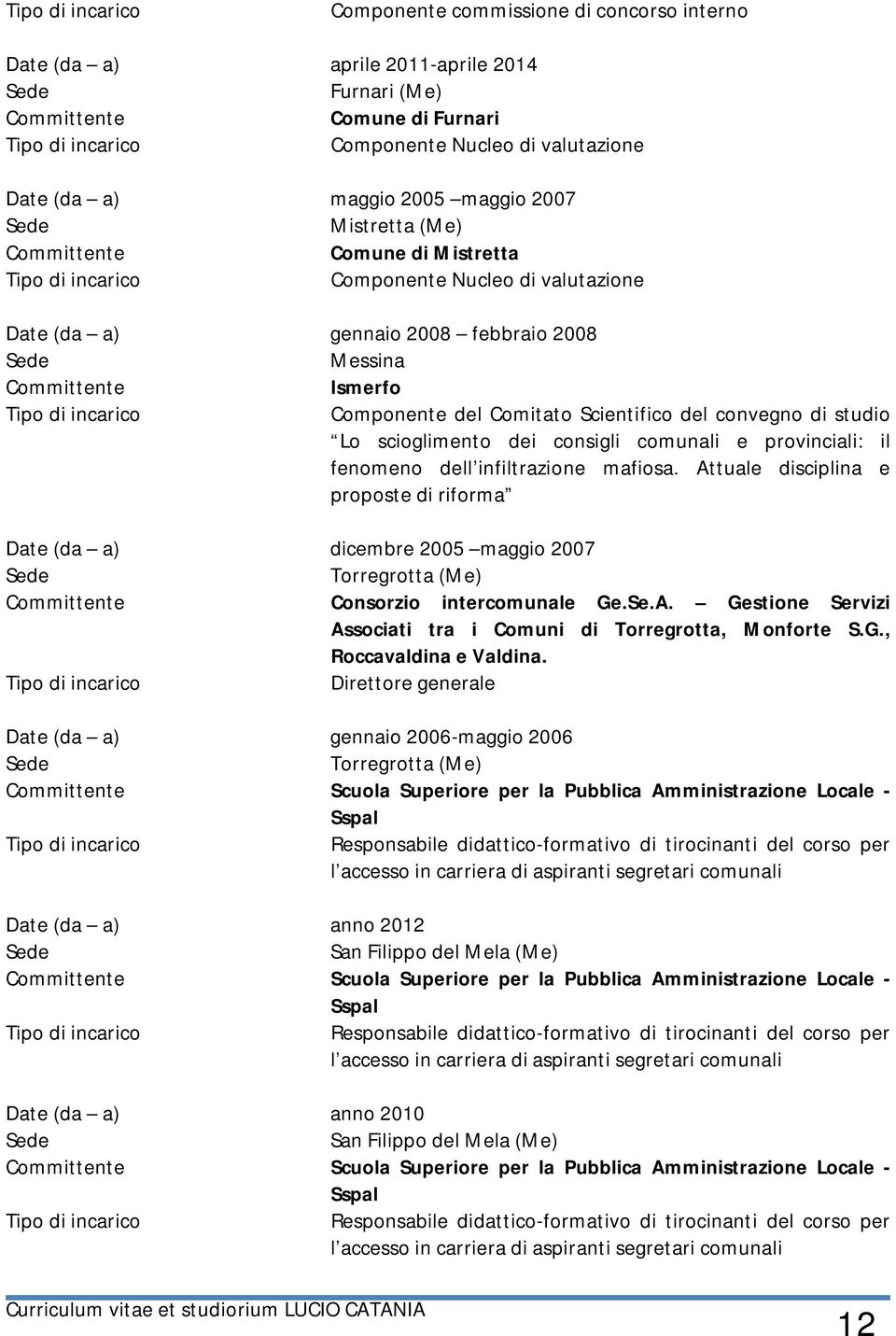 comunali e provinciali: il fenomeno dell infiltrazione mafiosa. Attuale disciplina e proposte di riforma Date (da a) dicembre 2005 maggio 2007 Torregrotta (Me) Consorzio intercomunale Ge.Se.A. Gestione Servizi Associati tra i Comuni di Torregrotta, Monforte S.