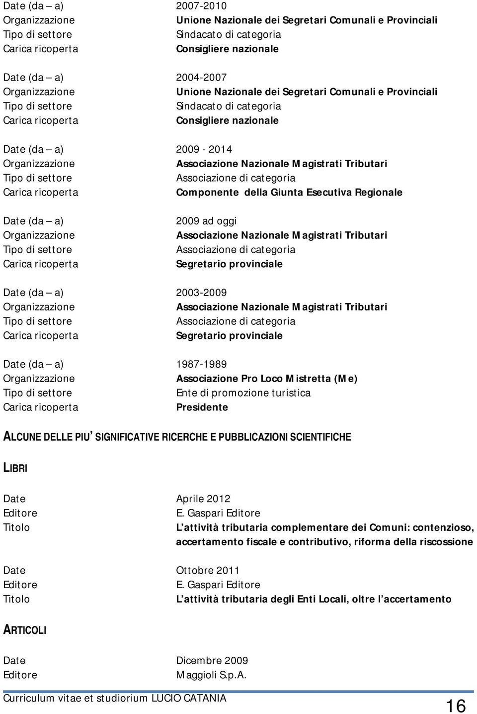 Nazionale Magistrati Tributari Tipo di settore Associazione di categoria Carica ricoperta Componente della Giunta Esecutiva Regionale Date (da a) Organizzazione Tipo di settore Carica ricoperta 2009