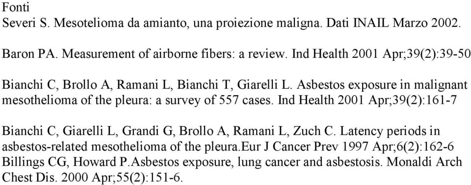 Asbestos exposure in malignant mesothelioma of the pleura: a survey of 557 cases.