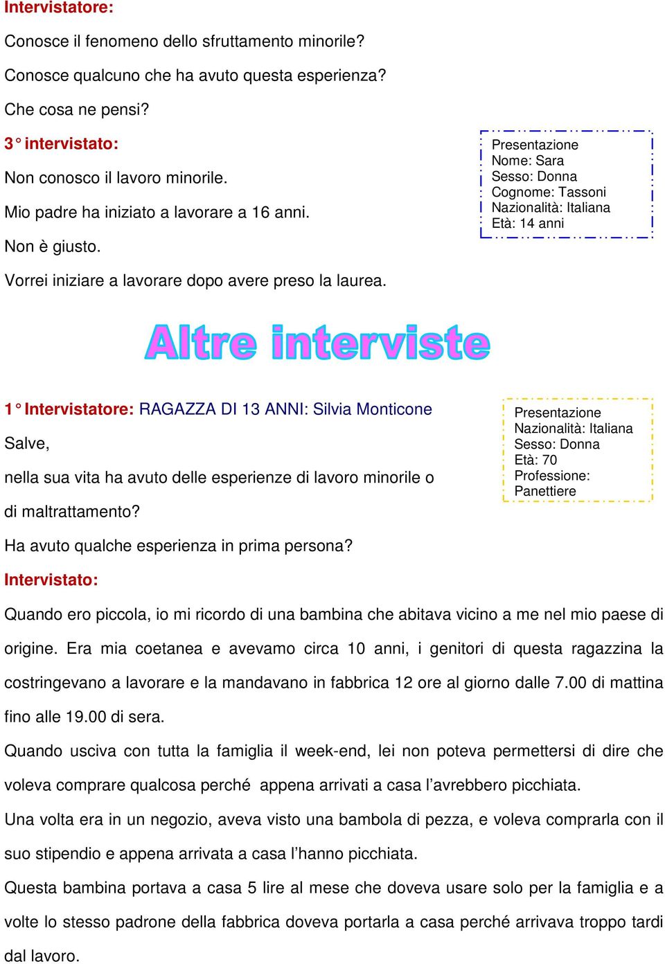 1 RAGAZZA DI 13 ANNI: Silvia Monticone Salve, nella sua vita ha avuto delle esperienze di lavoro minorile o di maltrattamento?